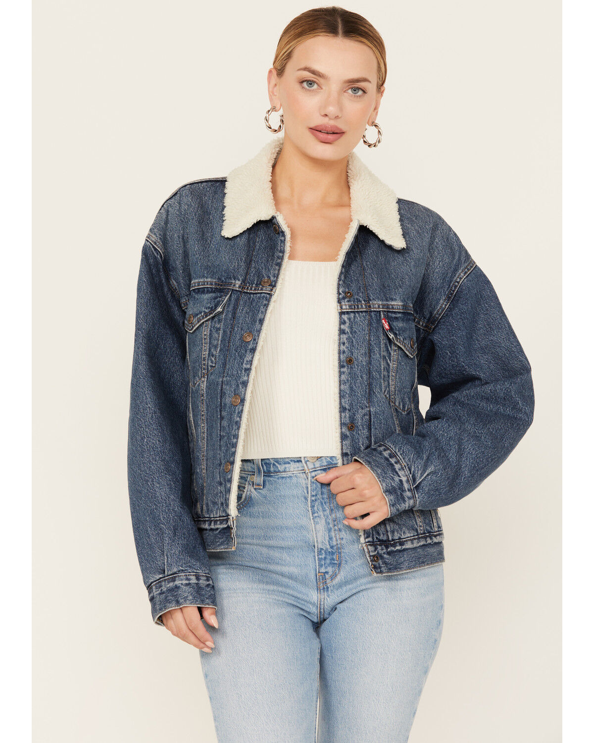 Image #1 - Levi's Women's Medium Wash 90s Sherpa Trucker Jacket, Blue, hi-res