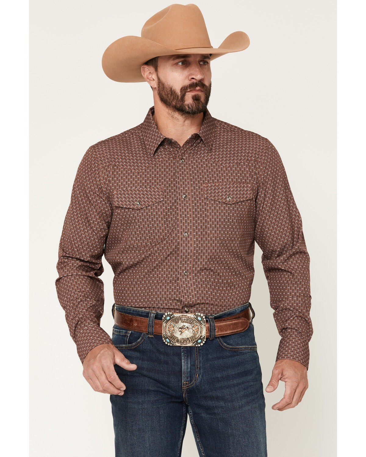 Image #1 - RANK 45&reg; Men's RODEOTEK&trade; 2.0 Geotastic Geo Print Long Sleeve Snap Stretch Performance Western Shirt, Brown, hi-res