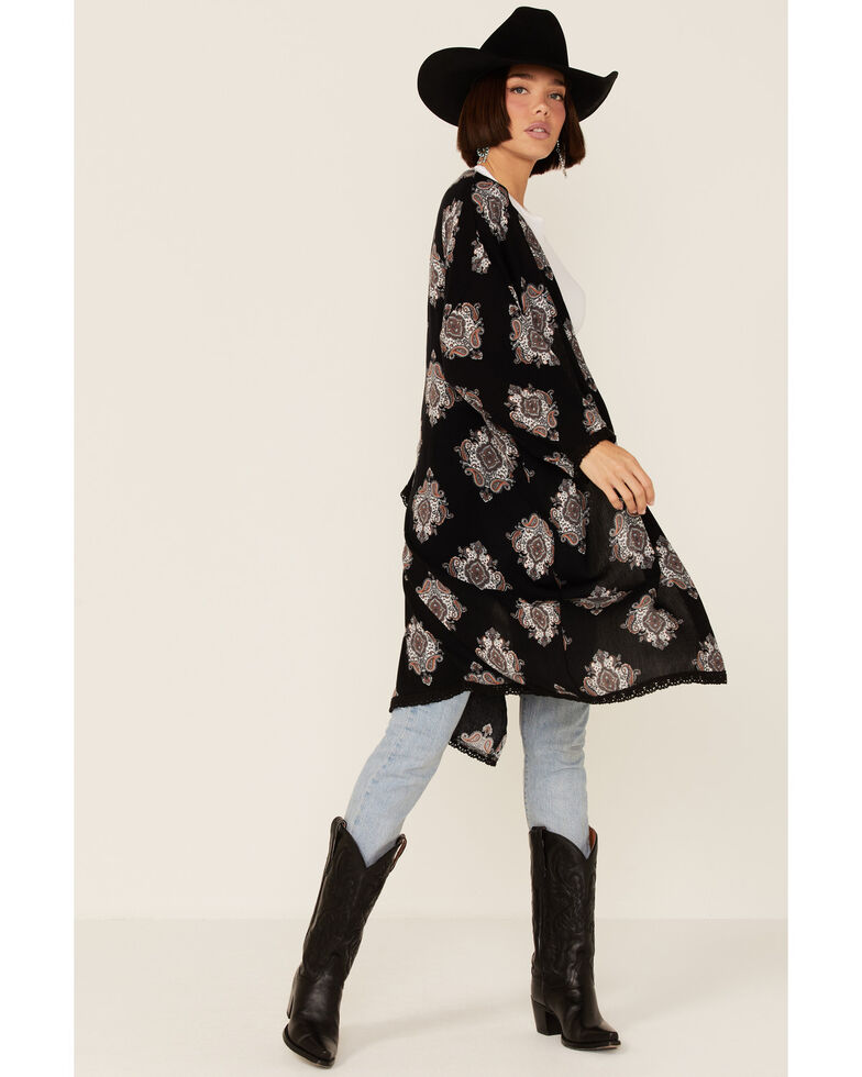 Wild Moss Women's Black Tile Print Kimono, Black, hi-res