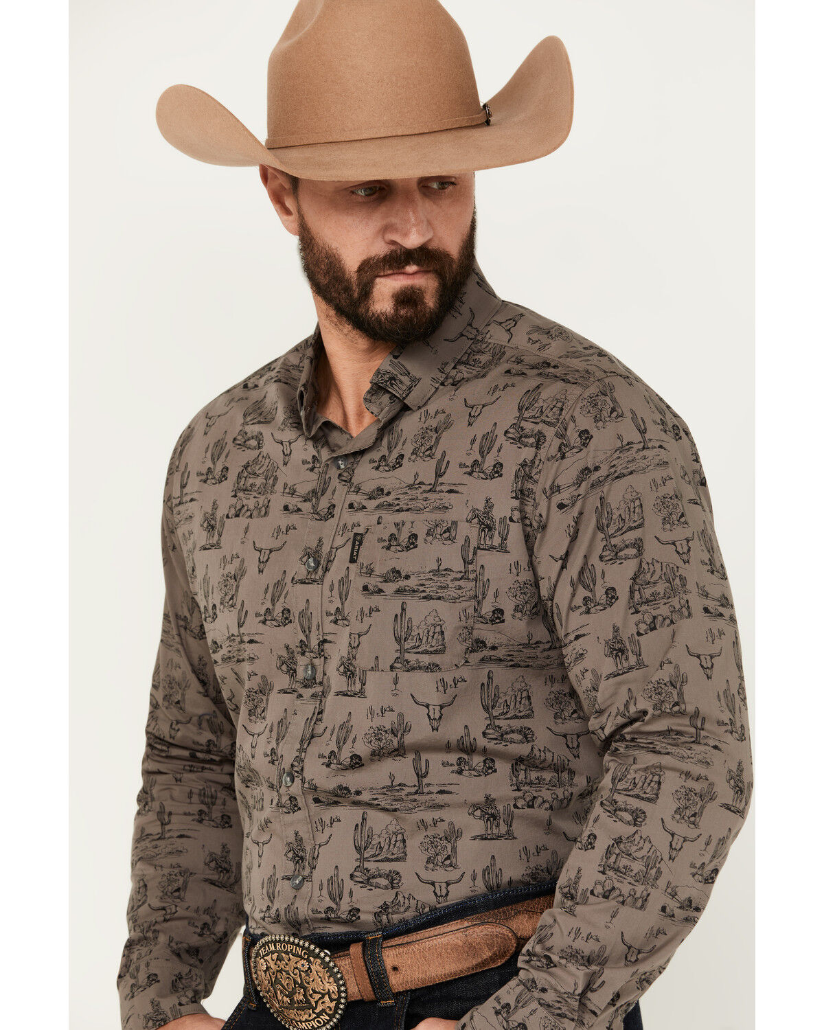 Image #2 - Ariat Men's Matteo Desert Print Long Sleeve Button-Down Stretch Western Shirt, Dark Grey, hi-res