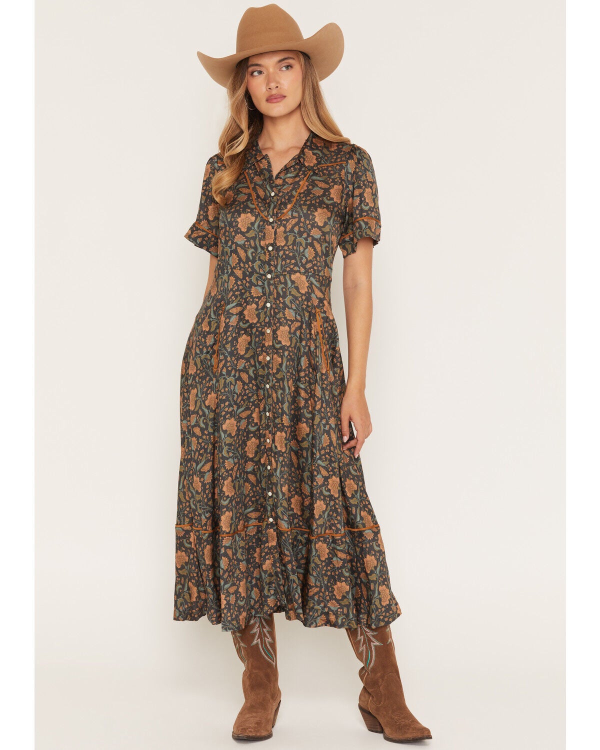 Sendero Provisions Women's La Dahlia Floral Print Short Sleeve Snap Midi Dress, Rust Copper, hi-res