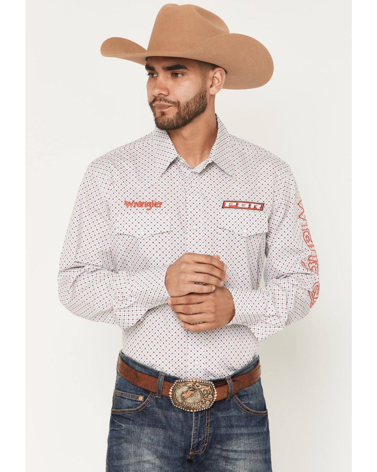 Image #1 - Wrangler Men's PBR Logo Long Sleeve Snap Western Shirt, Grey, hi-res