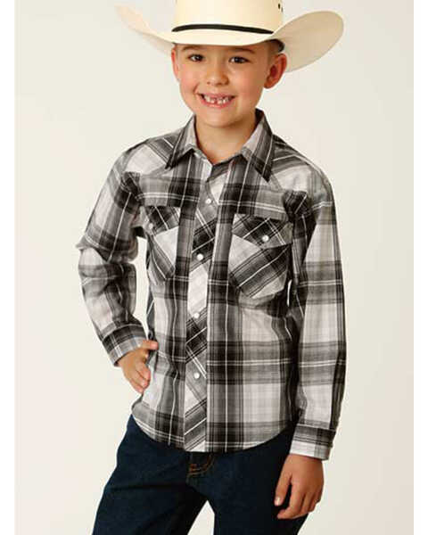 Image #1 - Roper Boys' Classic Black Plaid Long Sleeve Snap Western Shirt , Black, hi-res