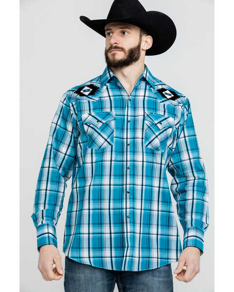 Image #5 - Ely Walker Men's Turquoise Retro Plaid Embroidered Long Sleeve Western Shirt , , hi-res