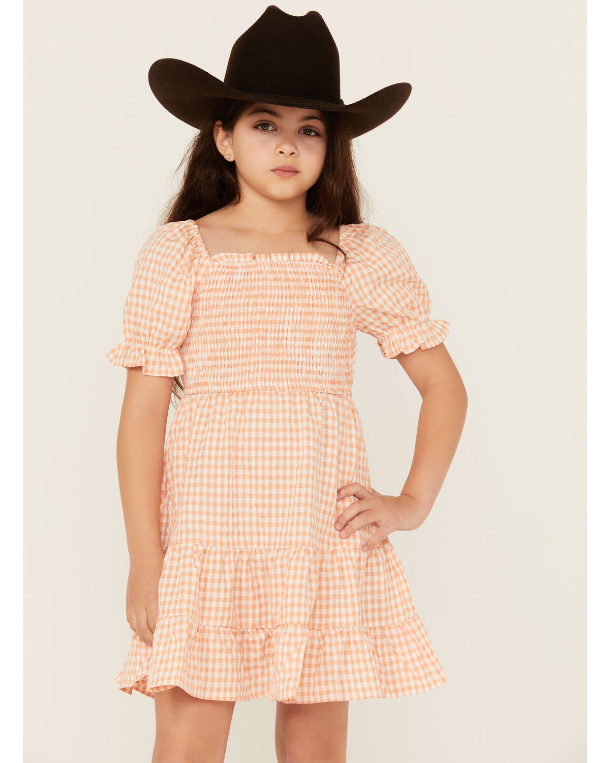 Image #2 - Hayden LA Girls' Gingham Print Puff Sleeve Mini Dress, Peach, hi-res