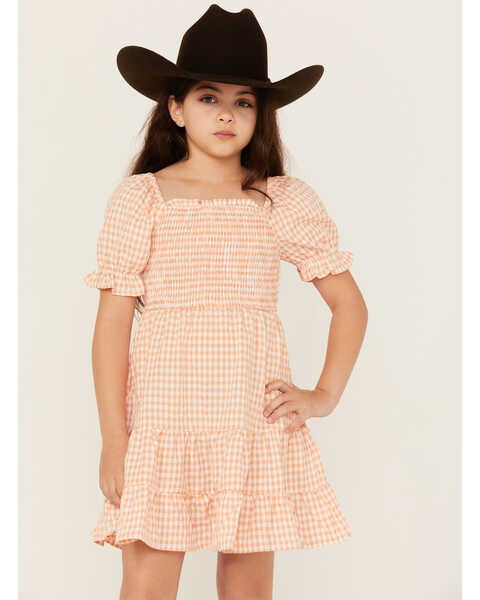 Image #2 - Hayden LA Girls' Gingham Print Puff Sleeve Dress, Peach, hi-res