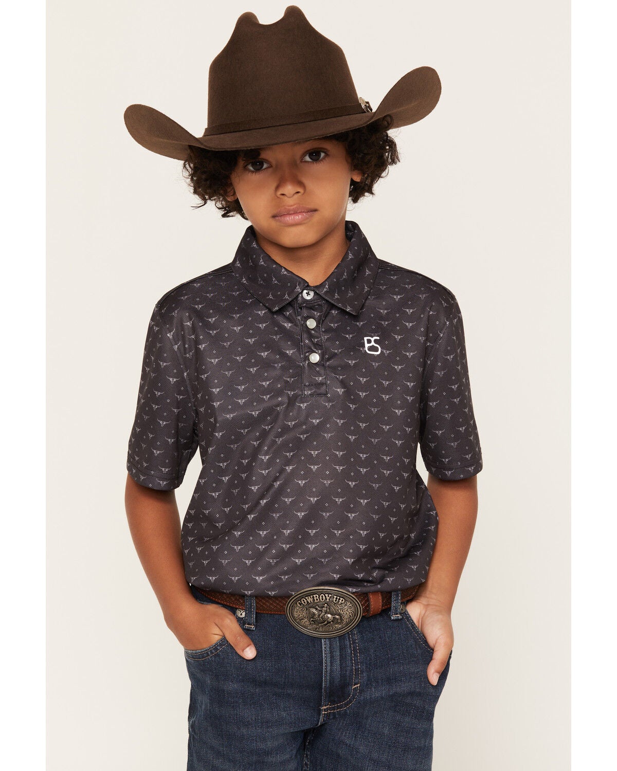 Image #1 - Panhandle Slim Boys' Steer Head Print Short Sleeve Polo, Black, hi-res
