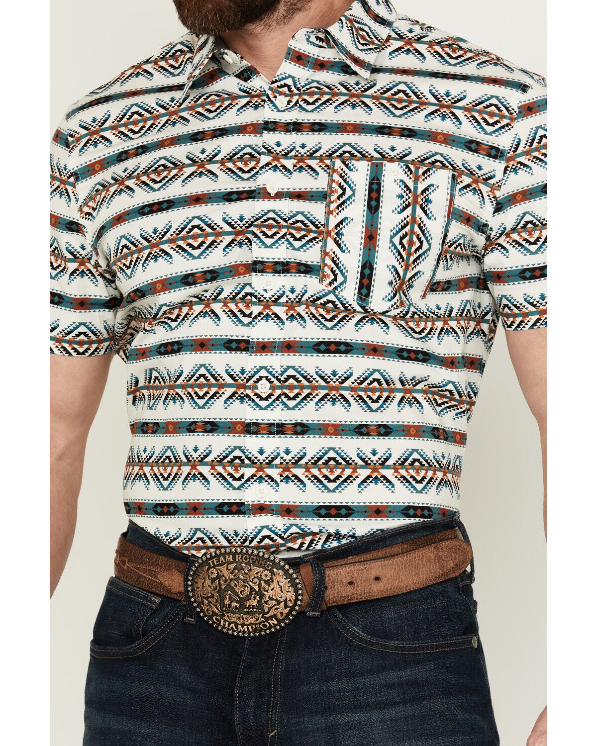 Image #3 - RANK 45&reg; Men's Resurrection Southwestern Print Short Sleeve Button-Down Performance Stretch Western Shirt, Ivory, hi-res