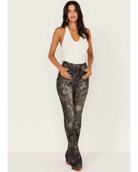 Image #1 - 7 For All Mankind Women's Floral Print High Rise Slim Stretch Bootcut Jeans, Black, hi-res