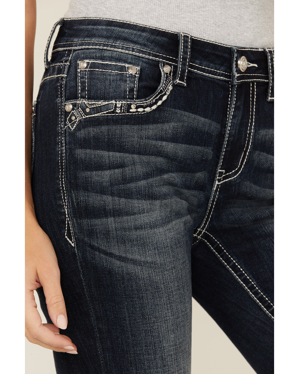 Grace in LA Women's Dark Wash Mid Rise Geo Pocket Bootcut