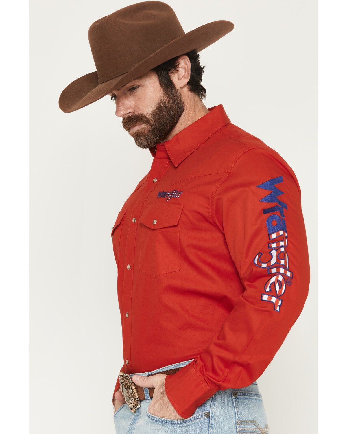 Image #2 - Wrangler Men's Americana Fill Logo Long Sleeve Snap Western Shirt, Red, hi-res