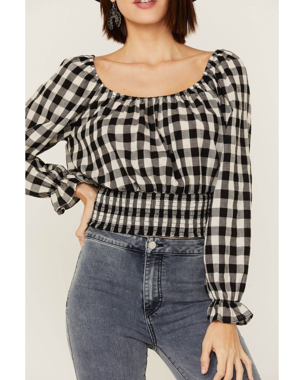 Image #3 - Beyond The Radar Women's Gingham Tie Back Smocked Blouse, Black, hi-res