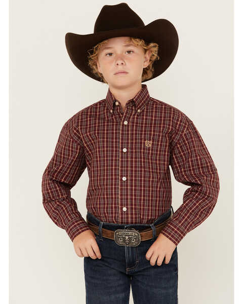 Image #1 - Panhandle Select Boys' Plaid Print Long Sleeve Button-Down Western Shirt , Burgundy, hi-res