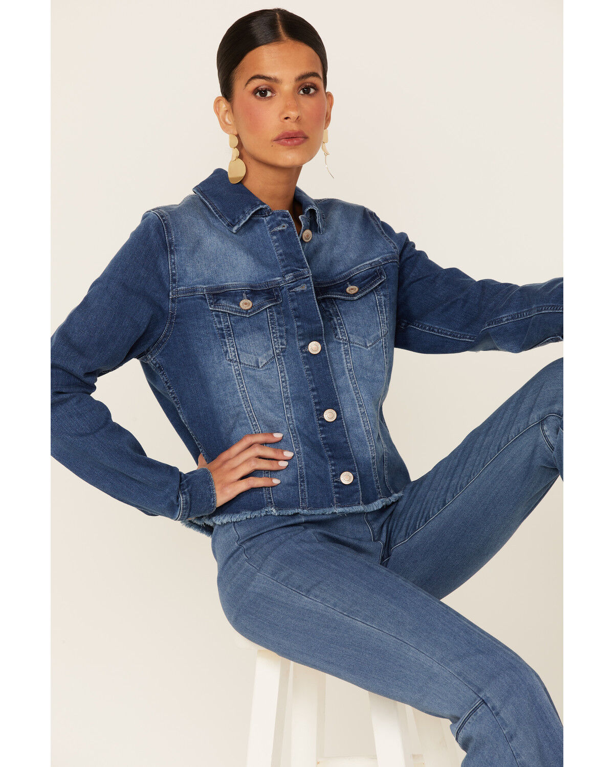 Image #1 - Shyanne Women's Cali Medium Wash Fray Hem Button Down Crop Denim Jacket, Medium Blue, hi-res