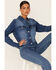 Image #1 - Shyanne Women's Cali Medium Wash Fray Hem Button Down Crop Denim Jacket, Medium Blue, hi-res