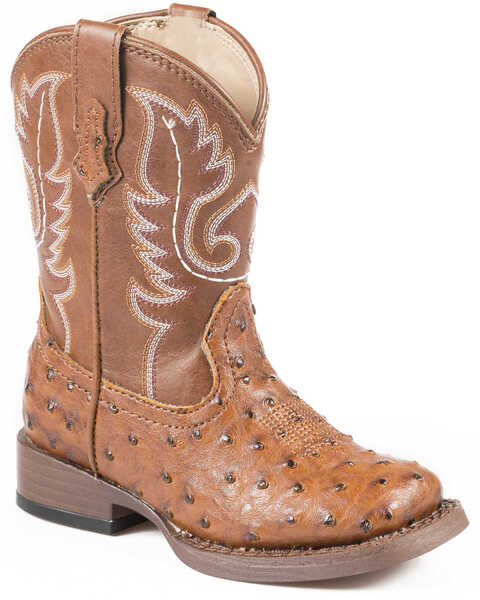 Image #1 - Roper Toddler Boys' Ostrich Print Western Boots - Square Toe, Tan, hi-res