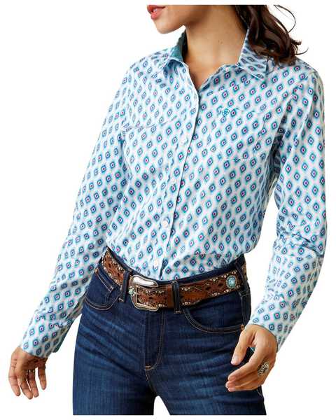 Image #1 - Ariat Women's Team Kirby Southwestern Print Long Sleeve Button Down Western Shirt - Plus, Blue/white, hi-res