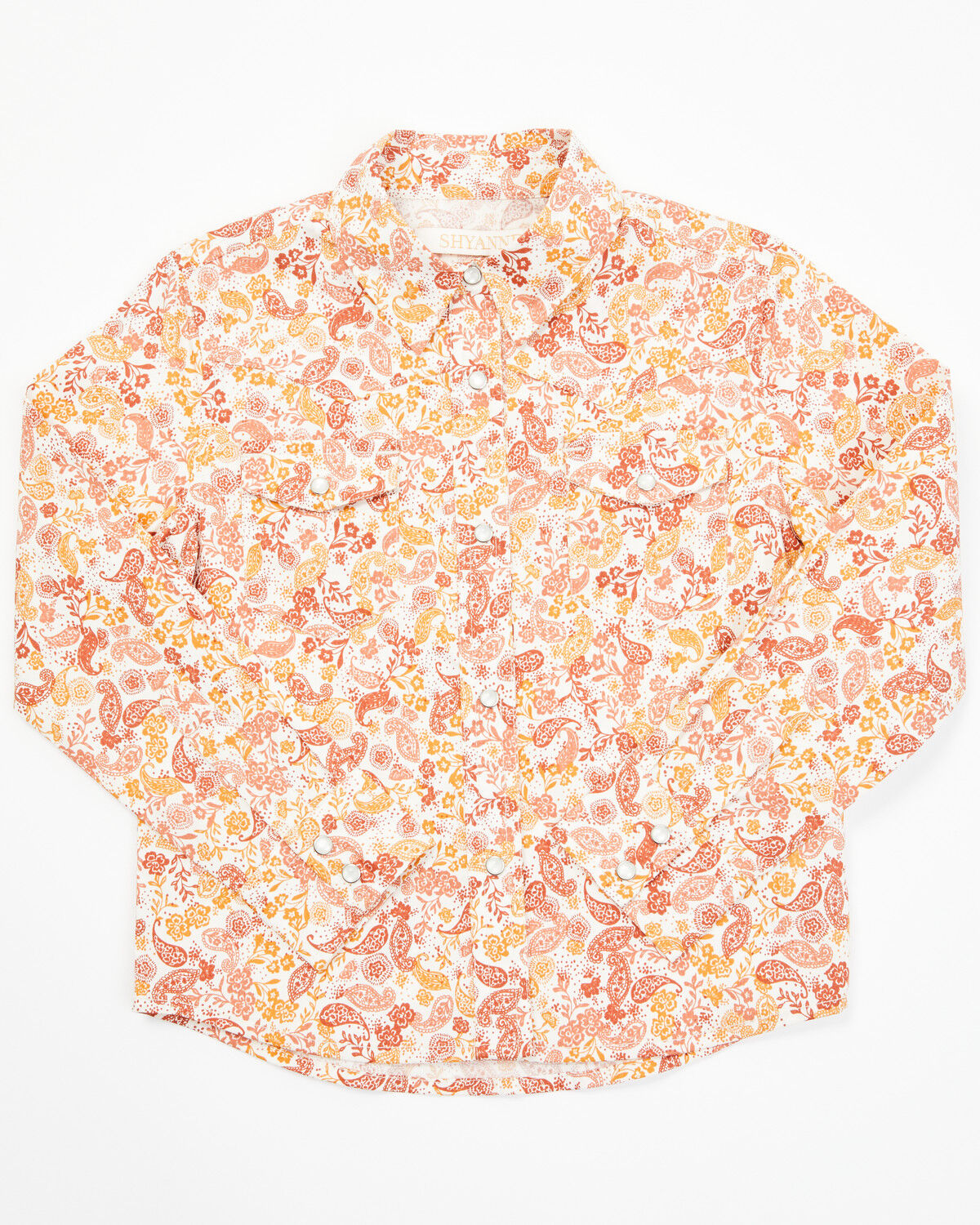 Image #1 - Shyanne Toddler Girls' Ash Floral Print Long Sleeve Pearl Snap Stretch Western Shirt, Gold, hi-res