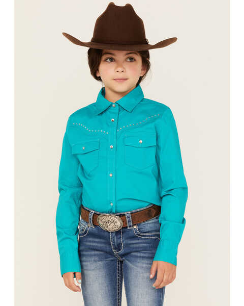 Shyanne Girls' Rhinestone Long Sleeve Western Button Down Shirt, Turquoise, hi-res