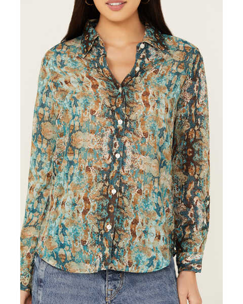 Image #3 - Roper Women's Snake Print Long Sleeve Button-Down Western Shirt , Green, hi-res