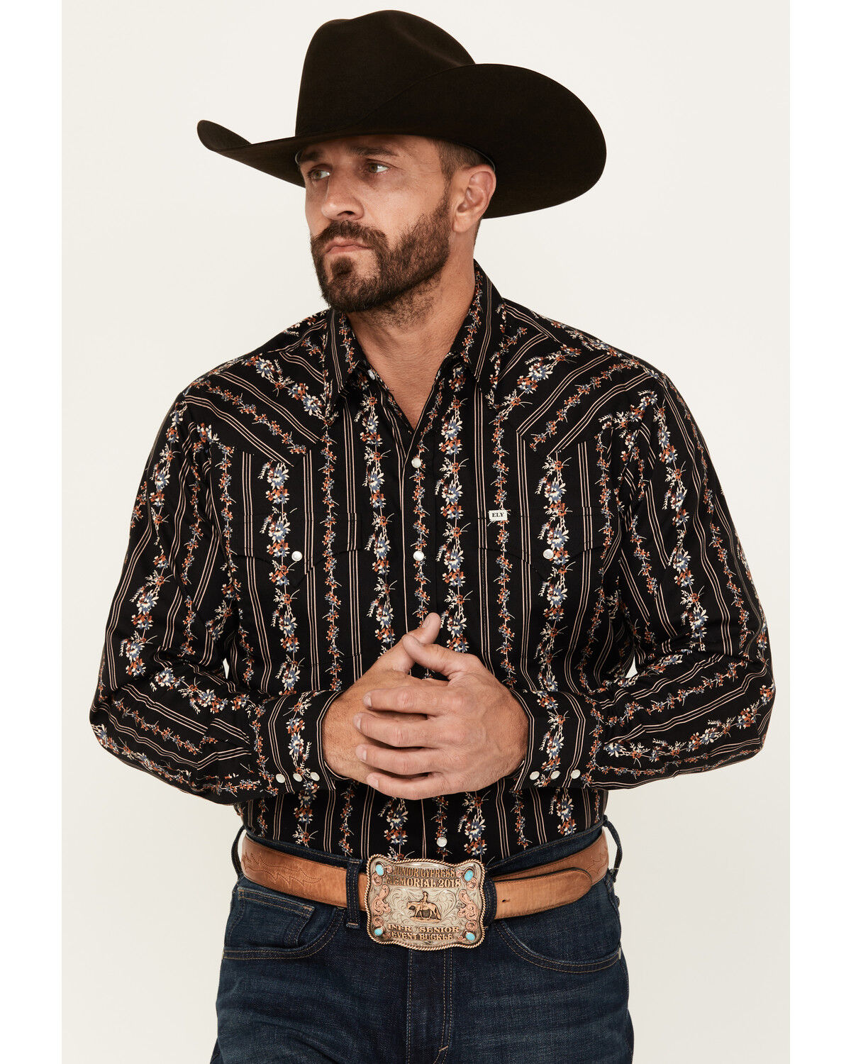 Image #1 - Ely Walker Men's Floral Striped Long Sleeve Pearl Snap Western Shirt, Black, hi-res