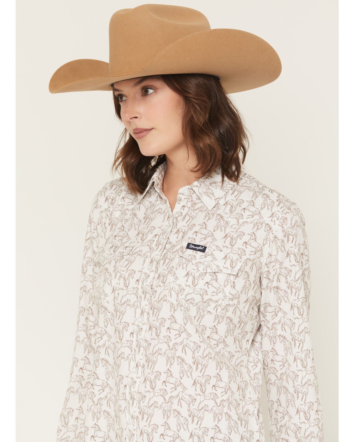 Image #2 - Wrangler Retro Women's Horse Print Long Sleeve Button-Down Performance Western Short, White, hi-res