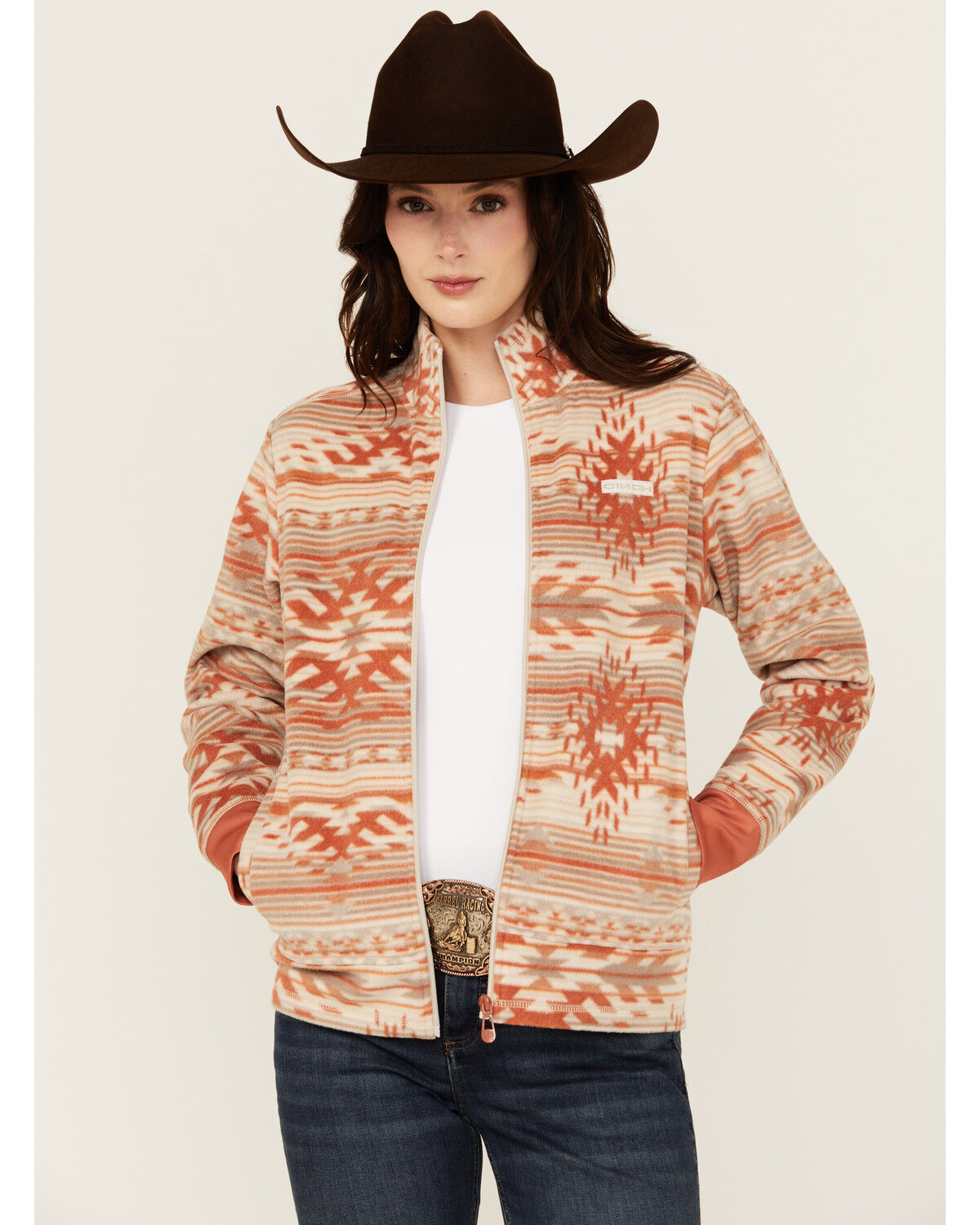 Image #1 - Cinch Women's Southwestern Print Fleece Long Sleeve Jacket, Stone, hi-res