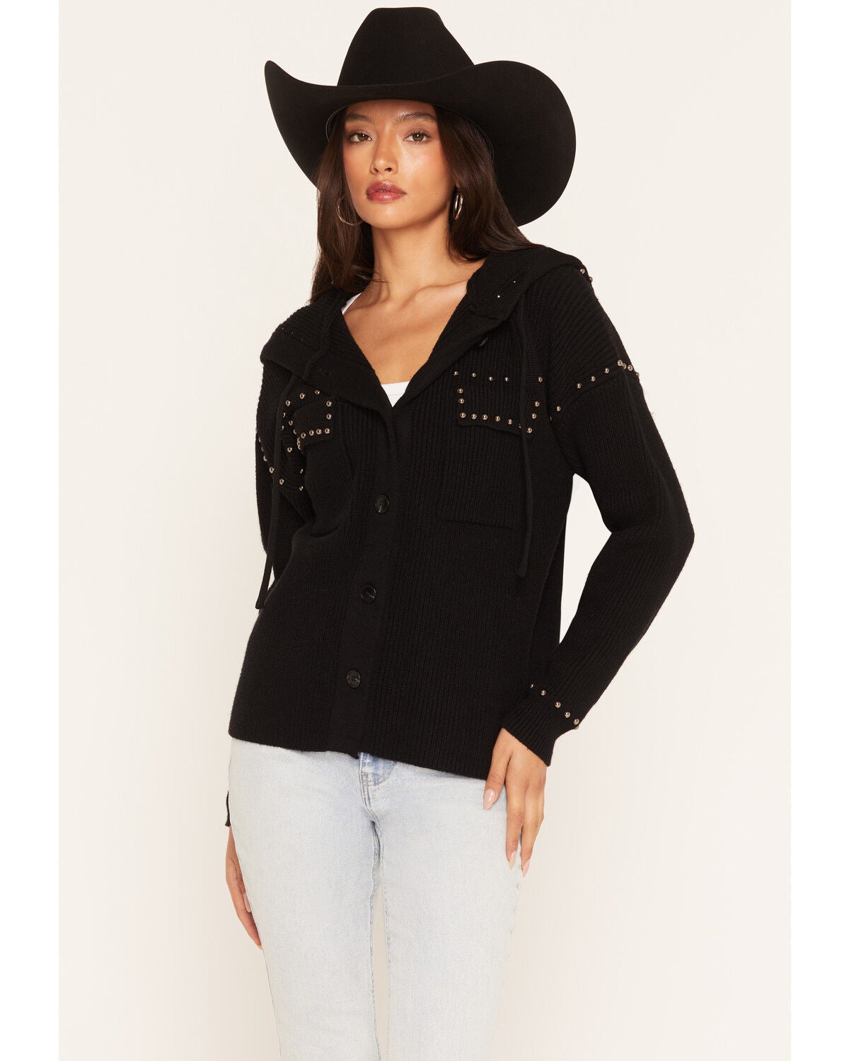 Image #1 - Miss Me Women's Hooded Button-Down Long Sleeve Top, Black, hi-res