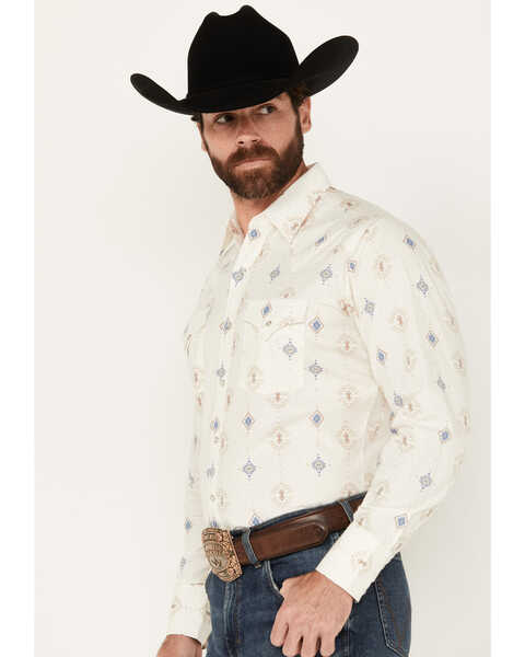 Ely Walker Men's Southwestern Print Long Sleeve Pearl Snap Western Shirt, Cream, hi-res