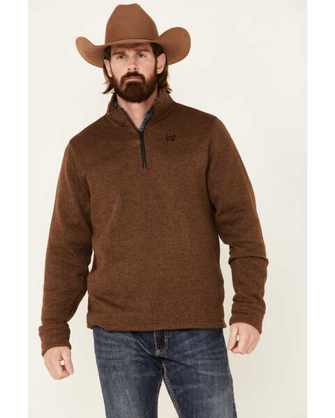 Cinch Men's Solid Brown Sweater Knit 1/4 Zip-Front Pullover - Big, Brown, hi-res