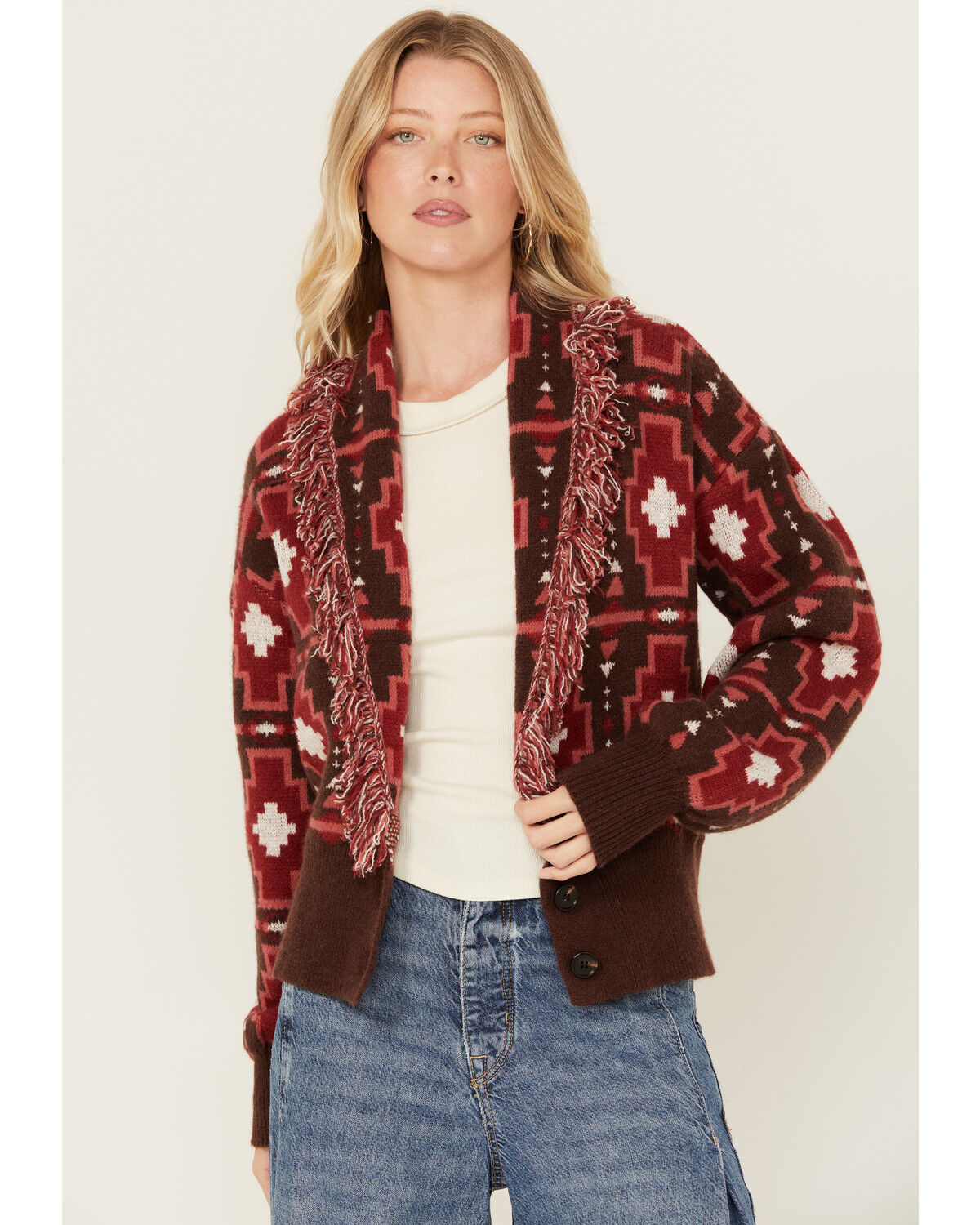 Image #1 - Shyanne Women's Cropped Southwestern Print Fringe Sweater, Mahogany, hi-res