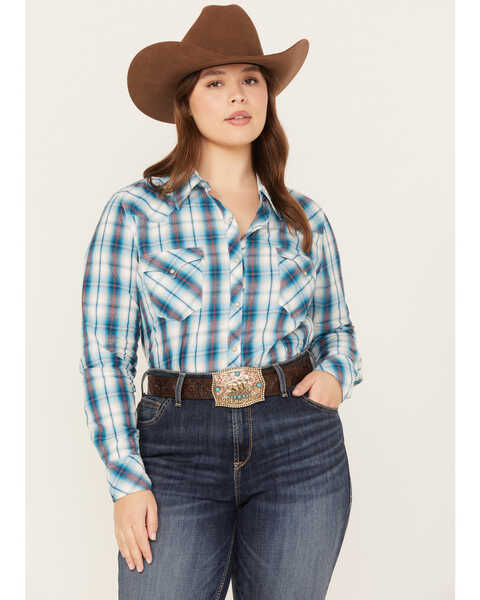 Image #1 - Roper Women's Plaid Print Long Sleeve Snap Western Shirt - Plus, Blue, hi-res