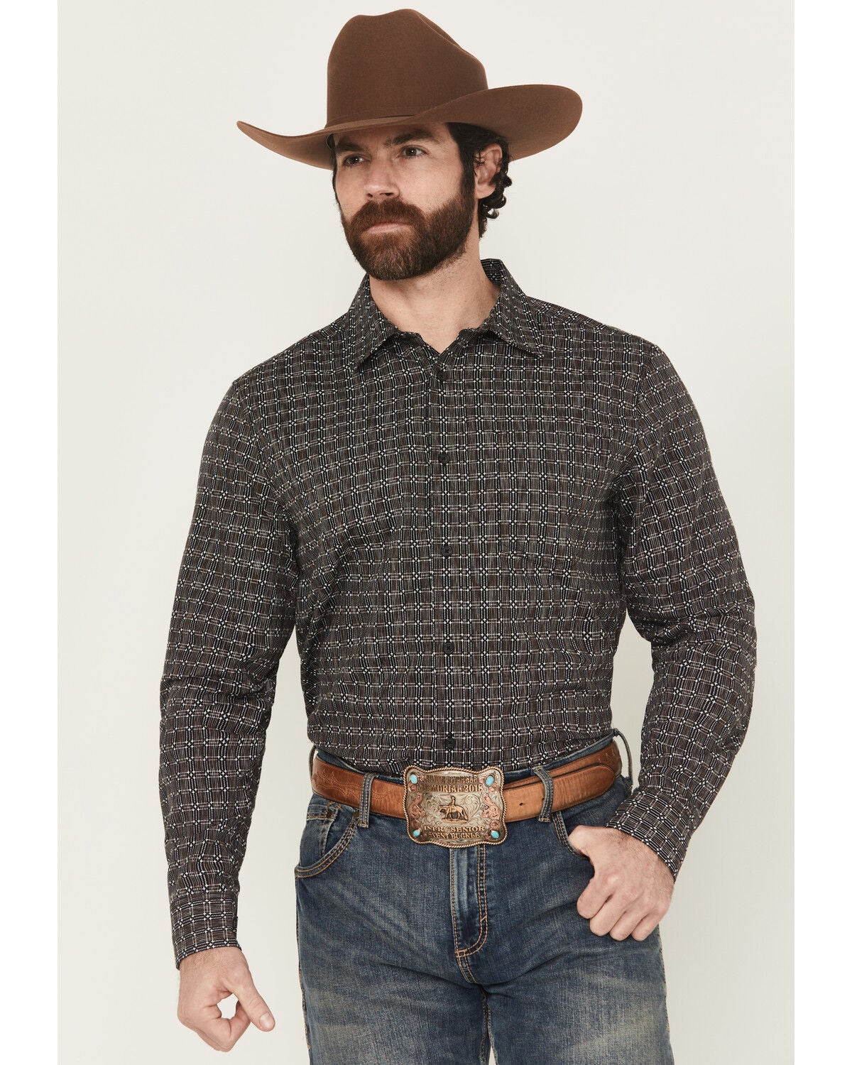 Gibson Trading Co Men's Bug Out Plaid Print Long Sleeve Button-Down Stretch Western Shirt - Tall, Black, hi-res