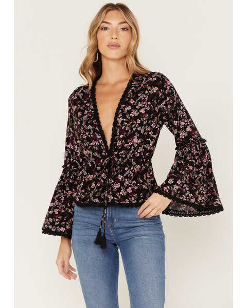 Idyllwind Women's Fall For Me Floral Print Bell Sleeve Kimono, Mauve, hi-res