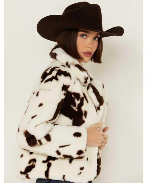 Image #2 - Ashley Women's Cow Print Faux Fur Jacket , White, hi-res