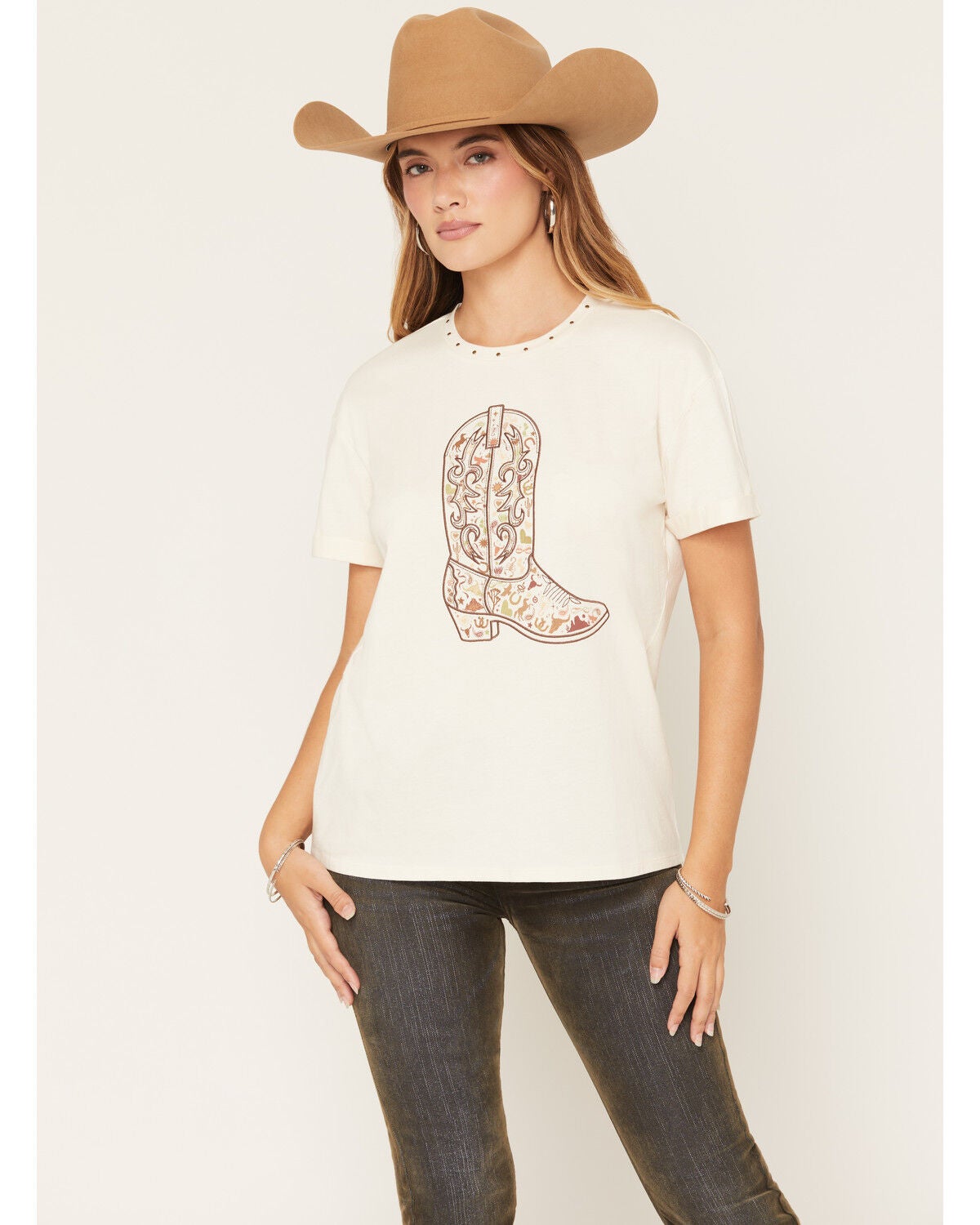Blended Women's Boot Print Short Sleeve Graphic Tee, Cream, hi-res