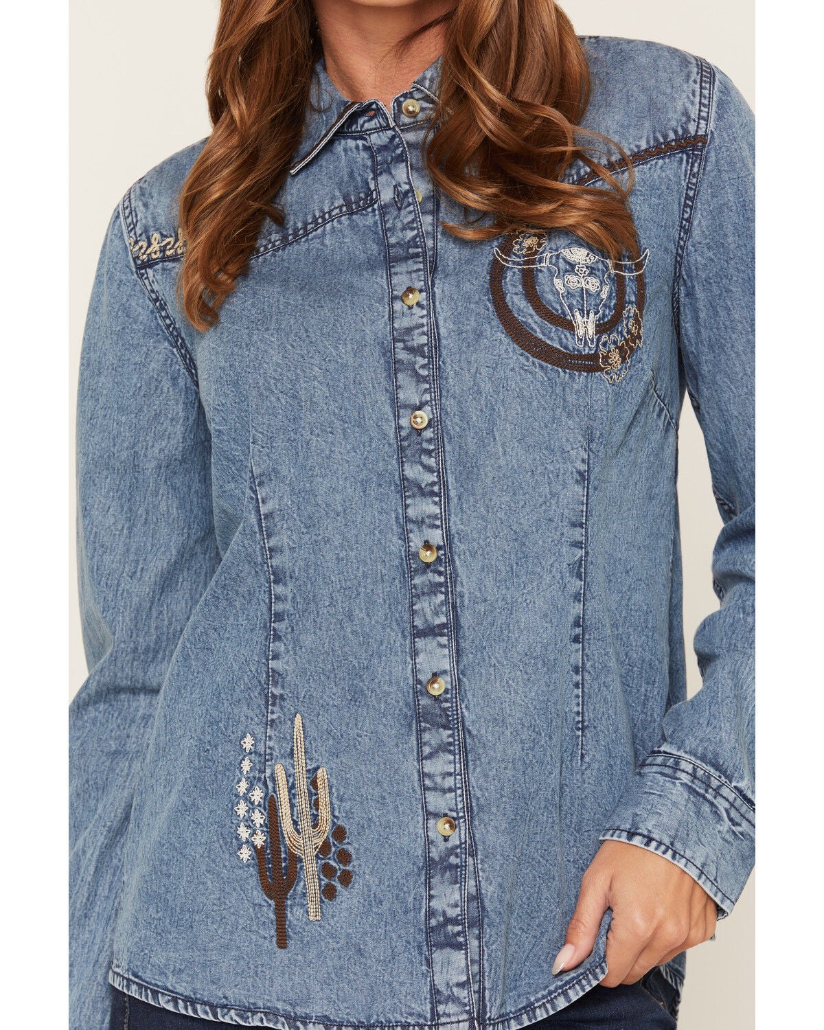 Image #3 - Shyanne Women's Ironwood Embroidered Long Sleeve Button-Down Woven Shirt, Light Medium Wash, hi-res