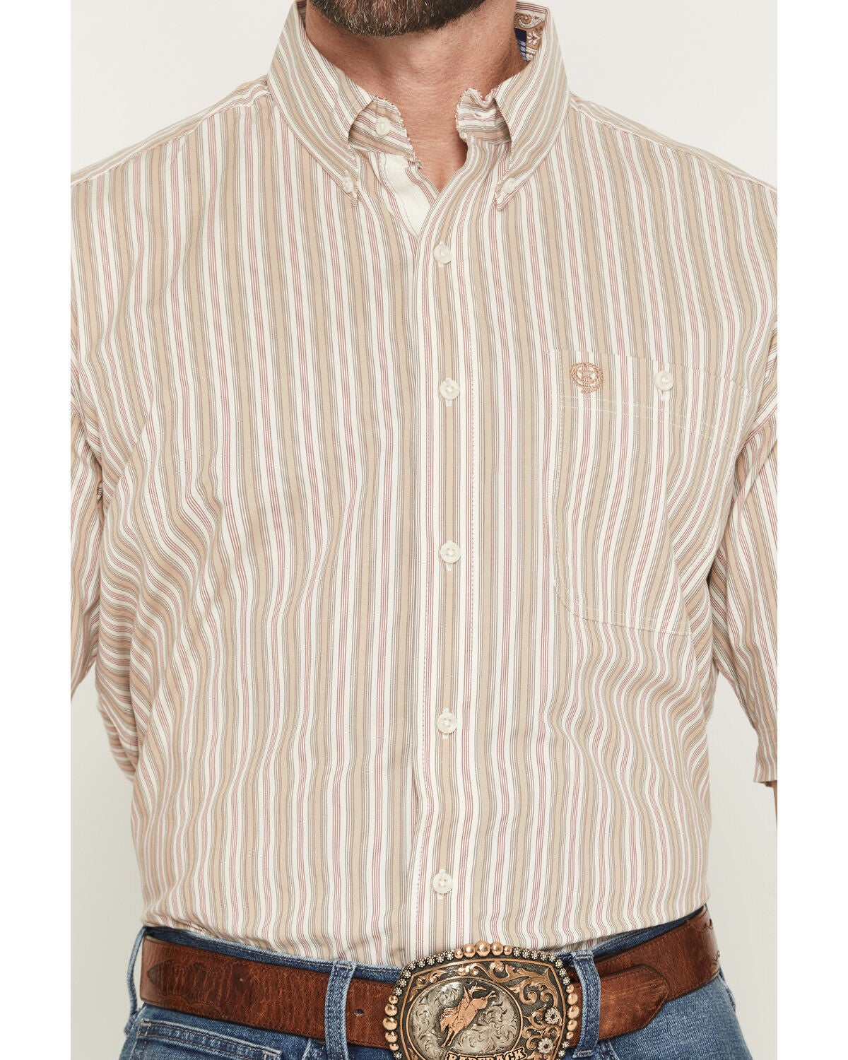 Image #3 - George Strait by Wrangler Men's Striped Short Sleeve Button-Down Stretch Western Shirt - Tall, Tan, hi-res