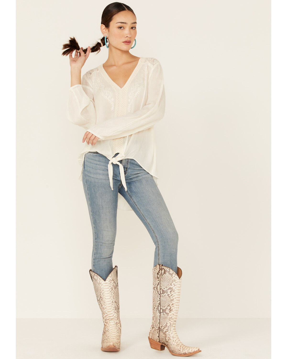 Image #4 - Nostalgia Women's Solid Cream Lace Tie-Front Long Sleeve Top, Cream, hi-res