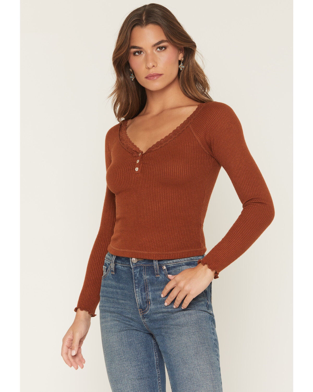 Wild Moss Women's Lace Long Sleeve Top, Brown, hi-res