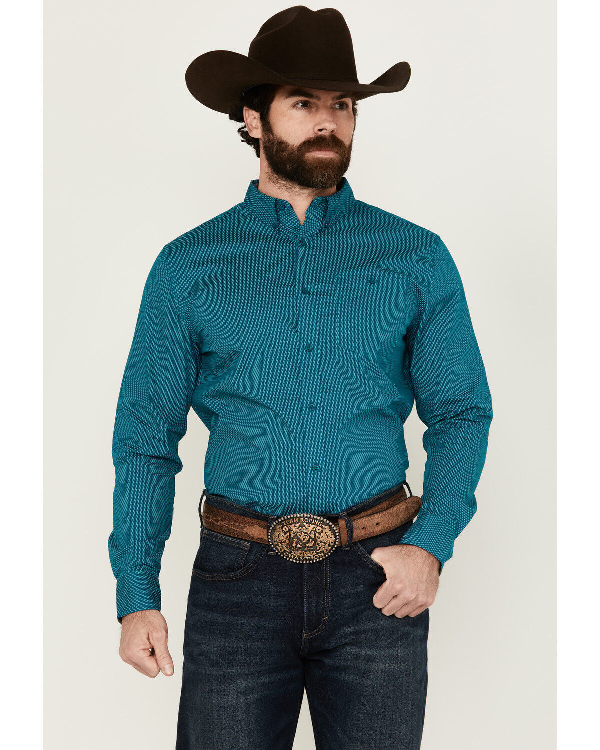 Image #1 - RANK 45® Men's Wagon Geo Print Long Sleeve Button-Down Performance Stretch Western Shirt, Teal, hi-res