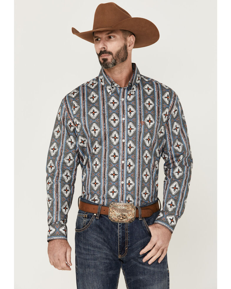 Rock & Roll Denim Men's Blue Vertical Southwestern Print Long Sleeve Button-Down Western Shirt , Blue, hi-res