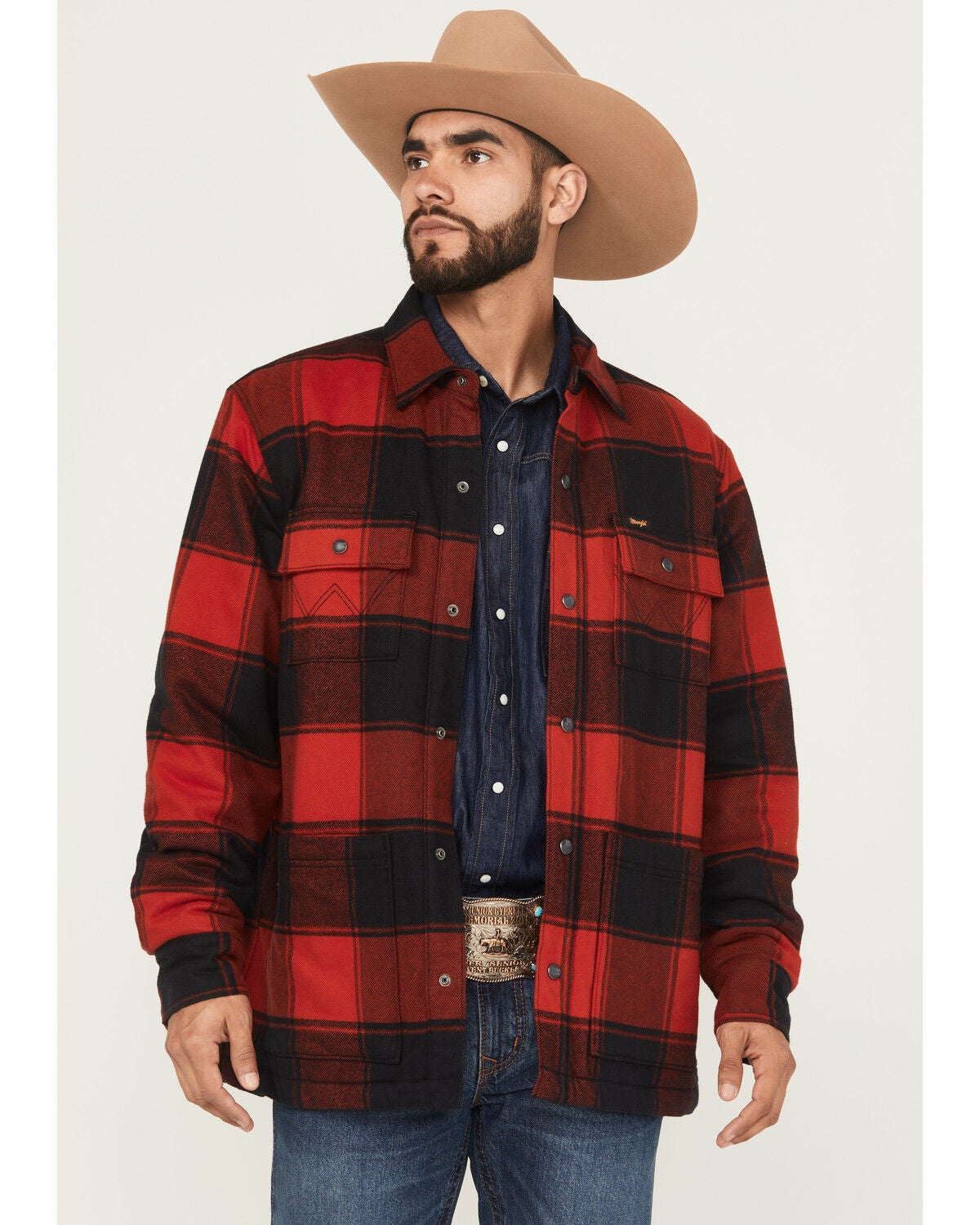 Wrangler Men's Plaid Print Long Sleeve Snap Sherpa Lined Shirt Jacket, Red, hi-res