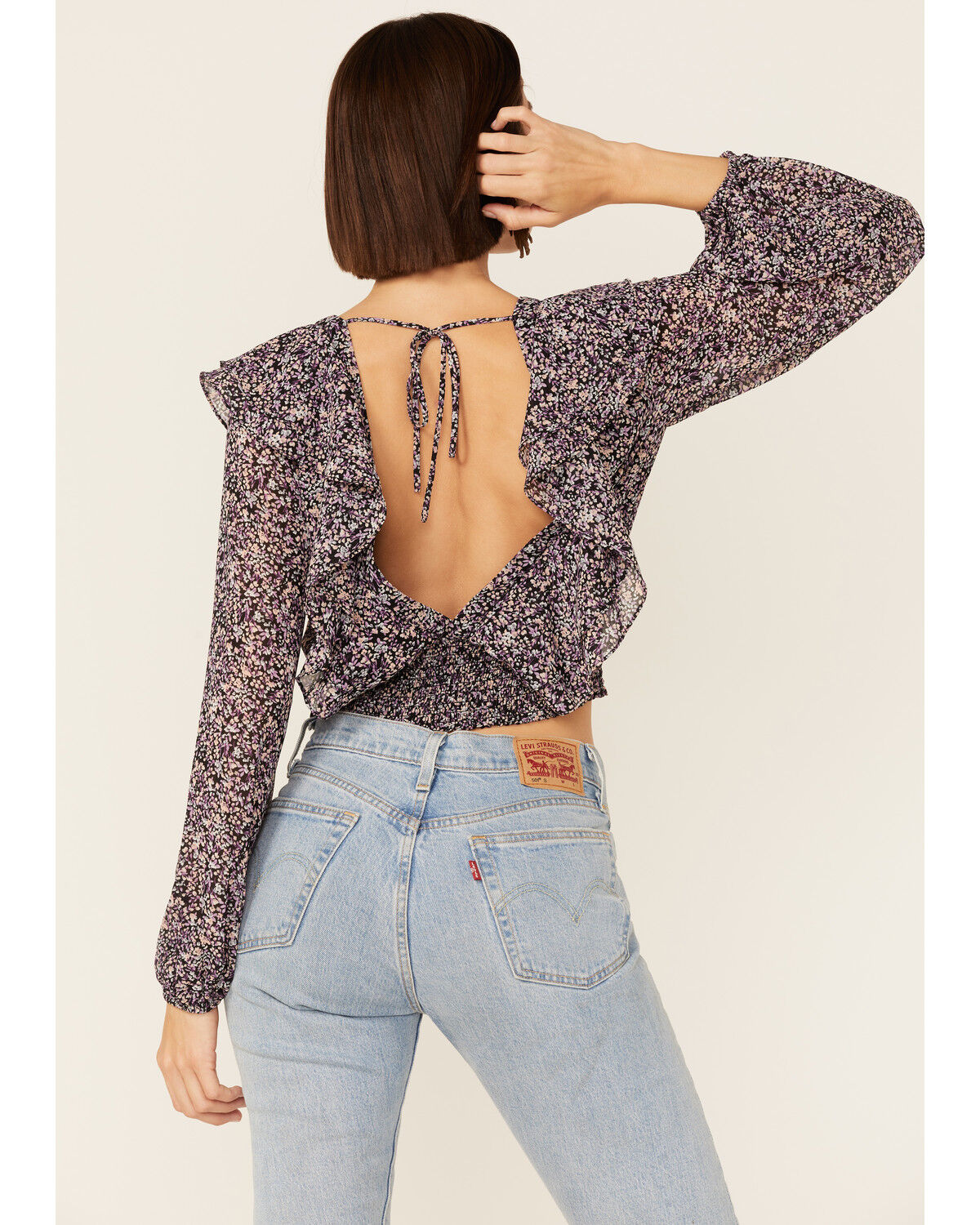 Image #3 - Lush Women's Floral Cinch Front Top, Blue, hi-res