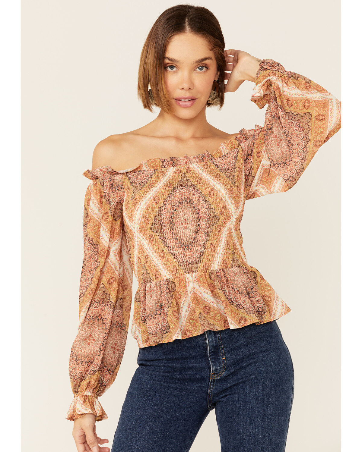 Image #1 - Flying Tomato Women's Boho Print Cold Shoulder Top, Brown, hi-res