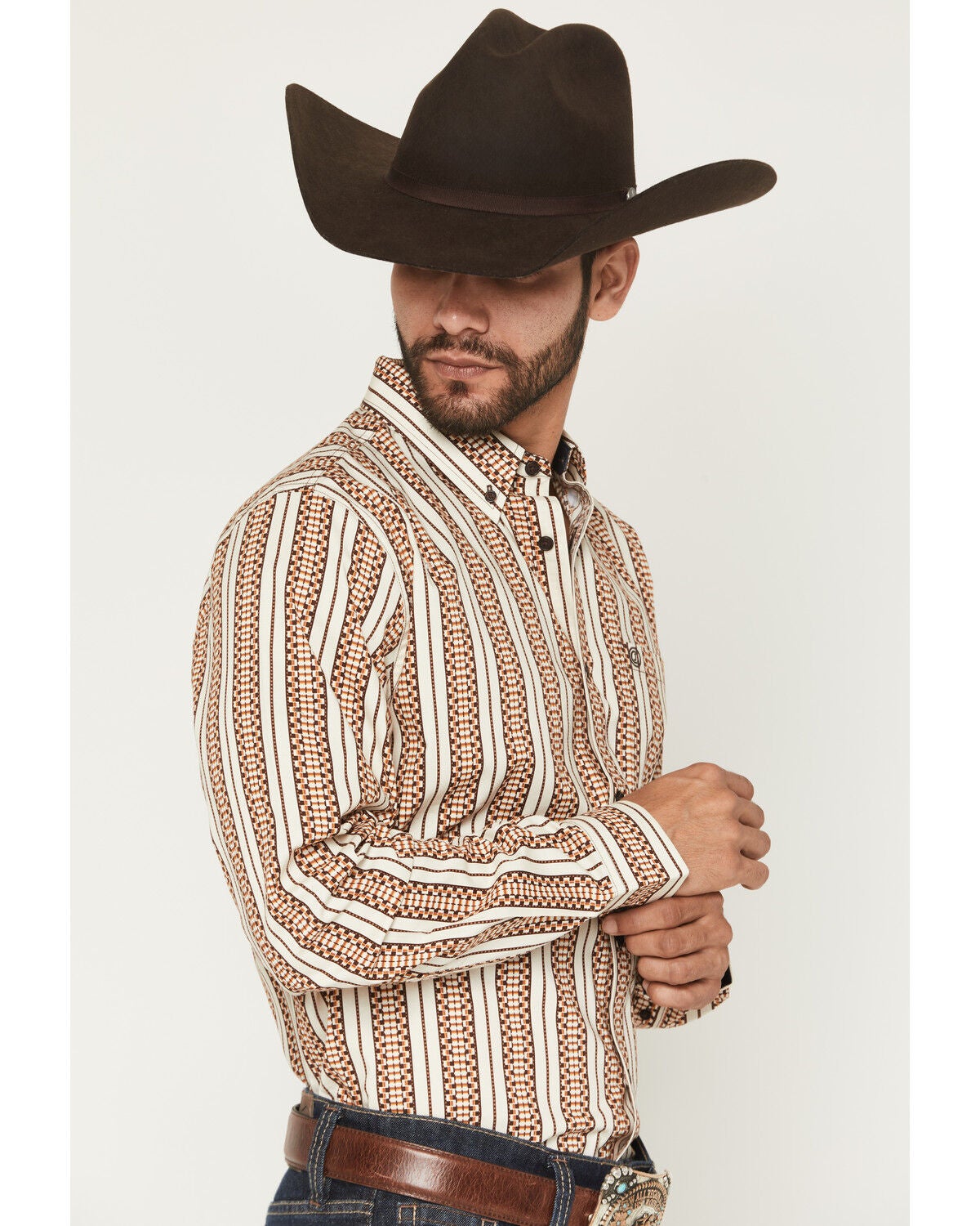 Image #2 - Cody James Men's Waylon Geo Stripe Print Long Sleeve Button-Down Stretch Western Shirt, Tan, hi-res