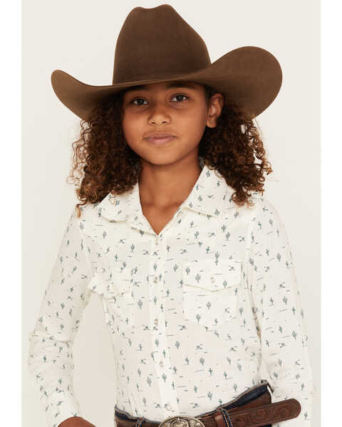 Shyanne Girls' Cactus Print Long Sleeve Western Button-Down Shirt, Ivory, hi-res