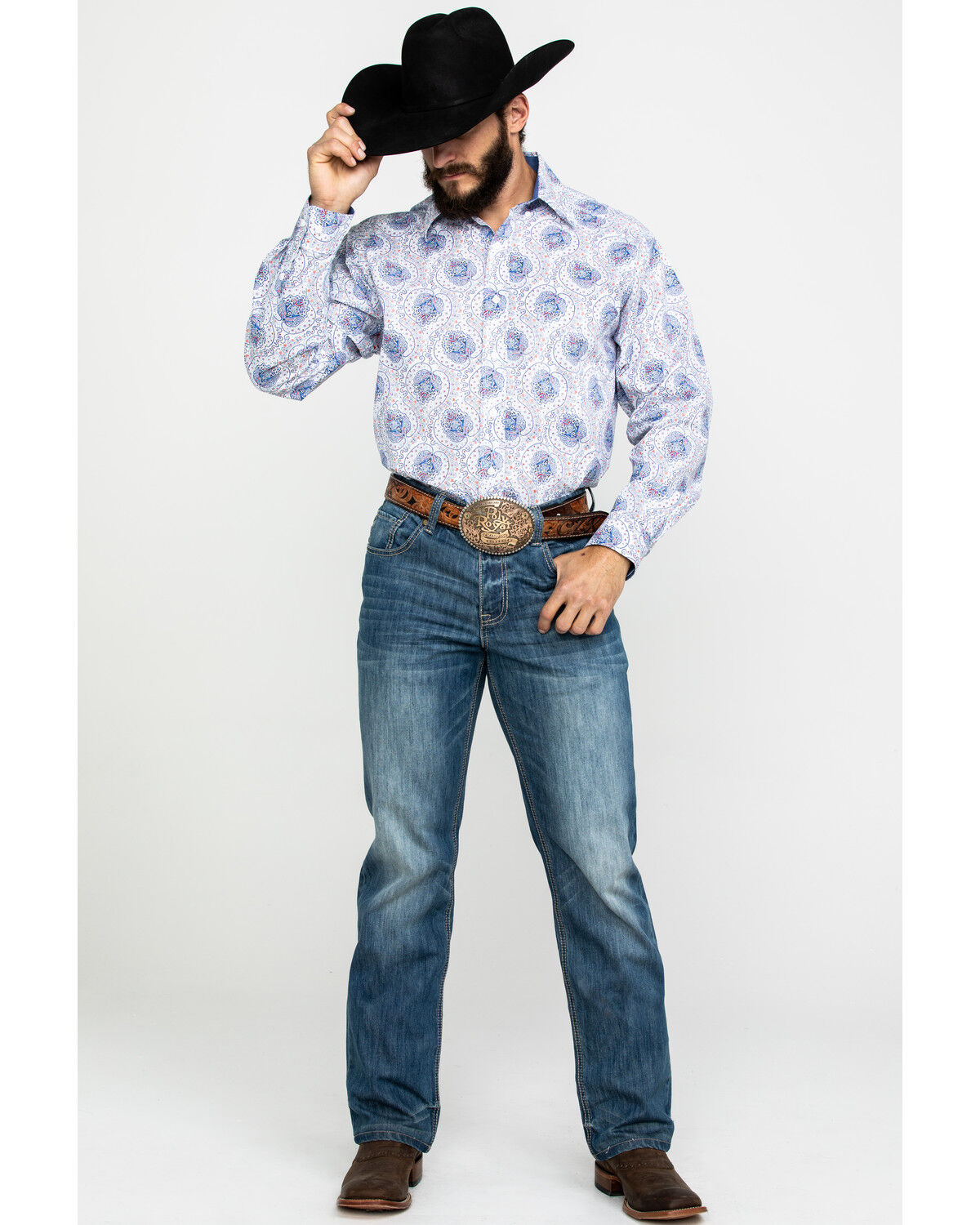 Image #6 - Tuf Cooper Men's Stretch Paisley Print Long Sleeve Western Shirt, Blue, hi-res