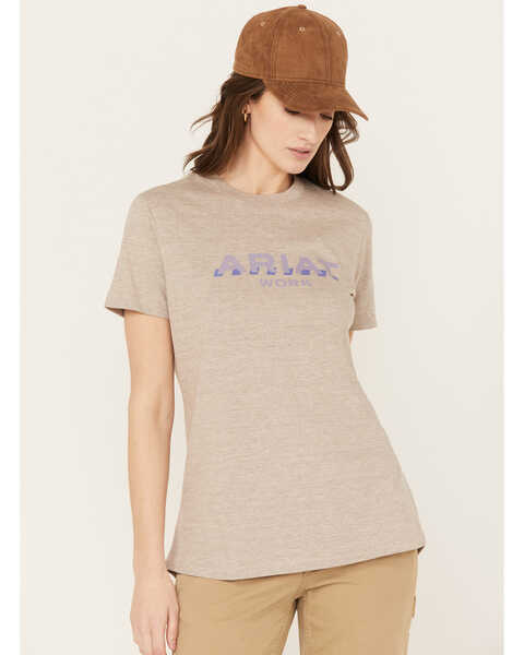 Image #1 - Ariat Women's Rebar Cotton Strong Logo Short Sleeve Work Tee, Mushroom, hi-res