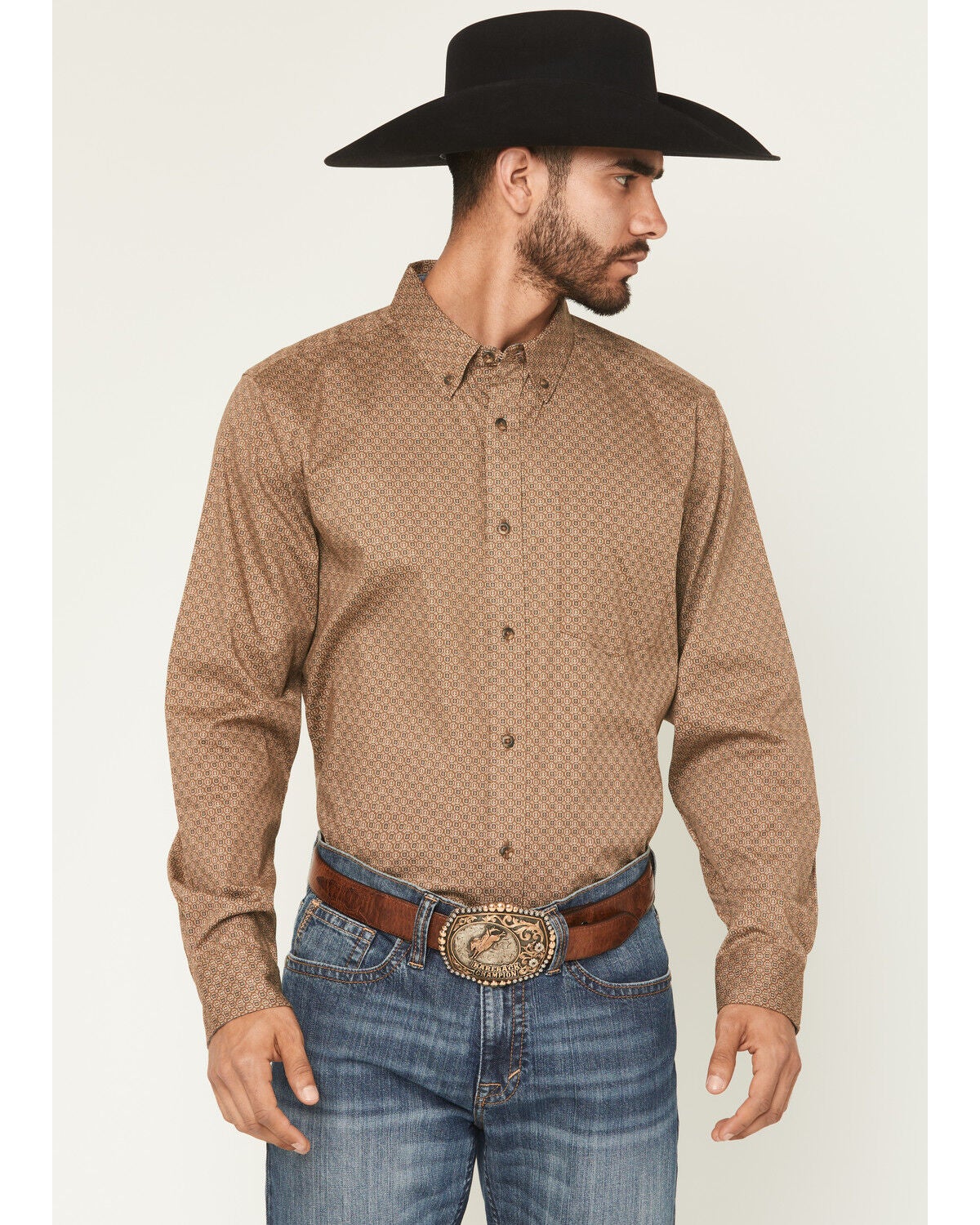 Cody James Men's Big Deal Geo Print Long Sleeve Button-Down Stretch Western Shirt, Lt Brown, hi-res